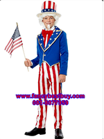 ชุดประจำชาติอเมริกา ชุด Indepence Day ขนาด S105-115, M 115-125, L 125-135, XL 135-145 เสื้อสูท+กางเกง+หมวก+ผ้าพันคอ+โบว์ (ไม่รวมเสื้อเชิ๊ตสีขาว+วิก+ธงชาติ)