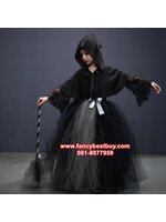 ชุดแฟนซีเด็ก ชุดแม่มดใจร้าย BAD Witch ชุดแฟนซีผู้หญิง (ชุดกระโปรงยาว+ผ้าคลุมพร้อมฮูด+ผ้าระบายตรงแขน 1 คู่+ไม้กวาด) ขนาด M 105-115, L 115-125, XL 125-140