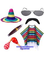 ชุดประจำชาติเม็กซิโก Mexico ชุดแฟนซีผู้ชายขนาดฟรีไซด์ แบบครบเซ็ต ผ้าคลุม+หมวก+แว่น+หนวด+กระดิ่ง +ซิก้า สำหรับ 160-180 ซม.