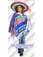ชุดแฟนซีเด็ก ชุดประจำชาติเม็กซิโก Mexico ขนาดฟรีไซด์ สำหรับ 110-140 ซม. สีฟ้า (ผ้าคลุม+หมวก) **ผ้าคลุมตอนใส่จากไหล่ถึงปลาย 70 ซม **