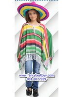 ชุดแฟนซีเด็ก ชุดประจำชาติเม็กซิโก Mexico ขนาดฟรีไซด์ สำหรับ 110-140 ซม. สีเขียว (ผ้าคลุม+หมวก) **ผ้าคลุมตอนใส่จากไหล่ถึงปลาย 70 ซม **