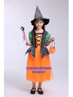 ชุดฮาโลวีนเด็ก ชุดแม่มดสีเขียว+ส้ม สำหรับงานแฟนซี วันฮาโลวีน **รวมหมวก+ไม้ดาว+กระเป๋า** มีขนาด 110, 120, 130, 140