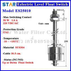 สวิทช์ควบคุมระดับน้ำ Vertical Stainless Float Switch (NC/NO) 2 Wire, ลึก 250 mm, เกลียว M10