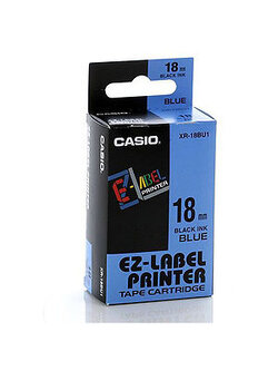 เทปพิมพ์อักษร Casio XR-18BU1 - 18 มม. ตัวอักษรดำพื้นสีน้ำเงิน