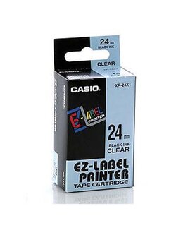 เทปพิมพ์อักษร Casio XR-24X1 - 24 มม. ตัวอักษรดำพื้นสีใส