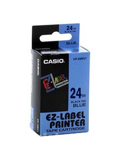 เทปพิมพ์อักษร Casio XR-24BU1 - 24 มม. ตัวอักษรดำพื้นสีน้ำเงิน