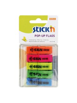 ฟิล์มดัชนี Pop-Up Flags พิมพ์ SIGN HERE STICK’N #26004 ขนาด 45×12 มม. (5 เล่ม/แพ็ค) คละสีนีออน