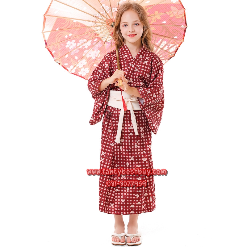 ชุดประจำชาติญี่ปุ่น ชุดกิโมโนเด็กหญิง สีแดง ขนาด M 115-125, L 125-140