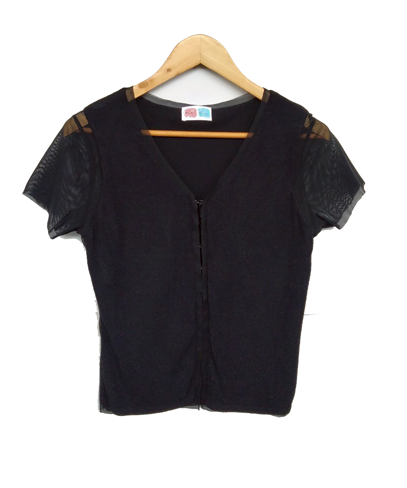 เสื้อมือสอง คอวี ผ้าหนาสีดำ ติดตะขอหน้า แขนสั้นผ้าตาข่าย อก 30-32 นิ้ว