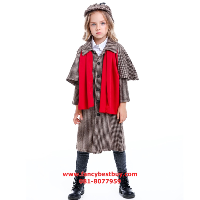 ชุดแฟนซีเด็ก ชุดเชอร์ล็อคโฮล์มส์ Sherlock Holmes มีขนาด S(105-120), M(120-135), L(135-150) รวมหมวก ผ้าสีแดง แว่นตา