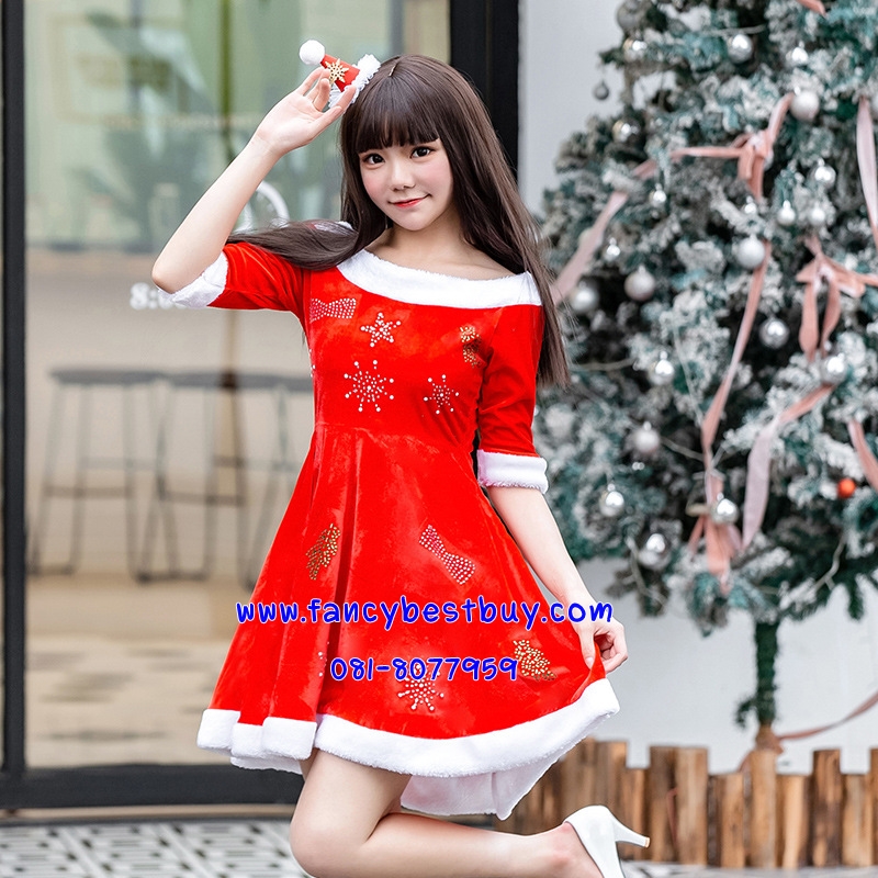 ชุดแซนตึ้ ชุดกระโปรงคริสมาส สีแดง Santy Costume ขนาดฟรีไซด์ มีหมวกและเขากวางให้