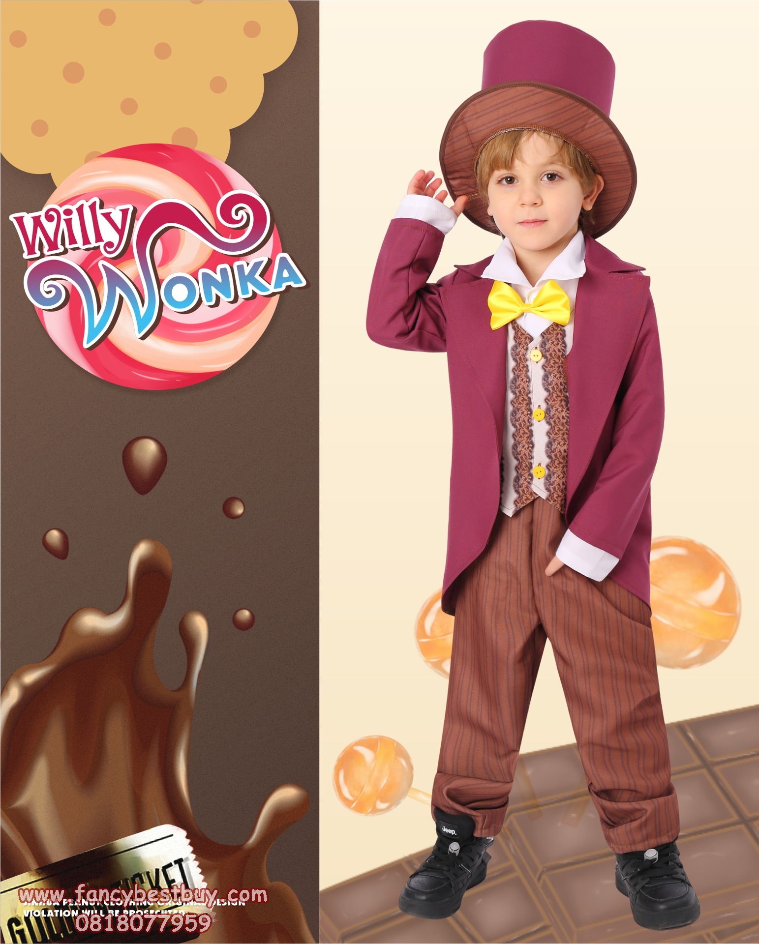 ชุดแฟนซี Willy Wonka & Charlie & the Chocolate Factory ขนาด M 115-125, L 125-135, XL 135-145 (ไม่รวมเสื้อเชิ๊ตสีขาวด้านใน)
