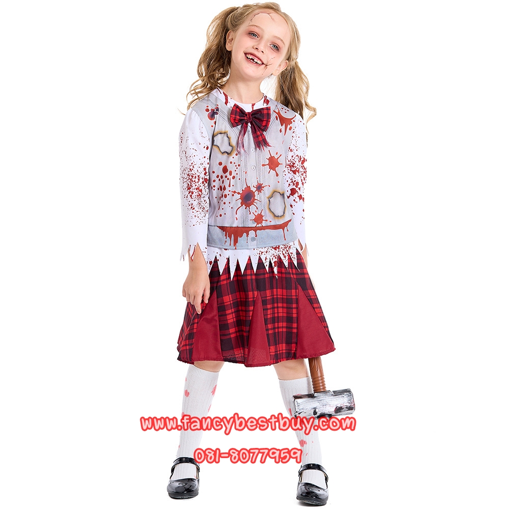 ชุดฮาโลวีน ชุดนักเรียนซอมบี้ Blood Student ชุดซอมบี้ Zombie สำหรับวันฮาโลวีน มีขนาด S 110-125, M 125-140