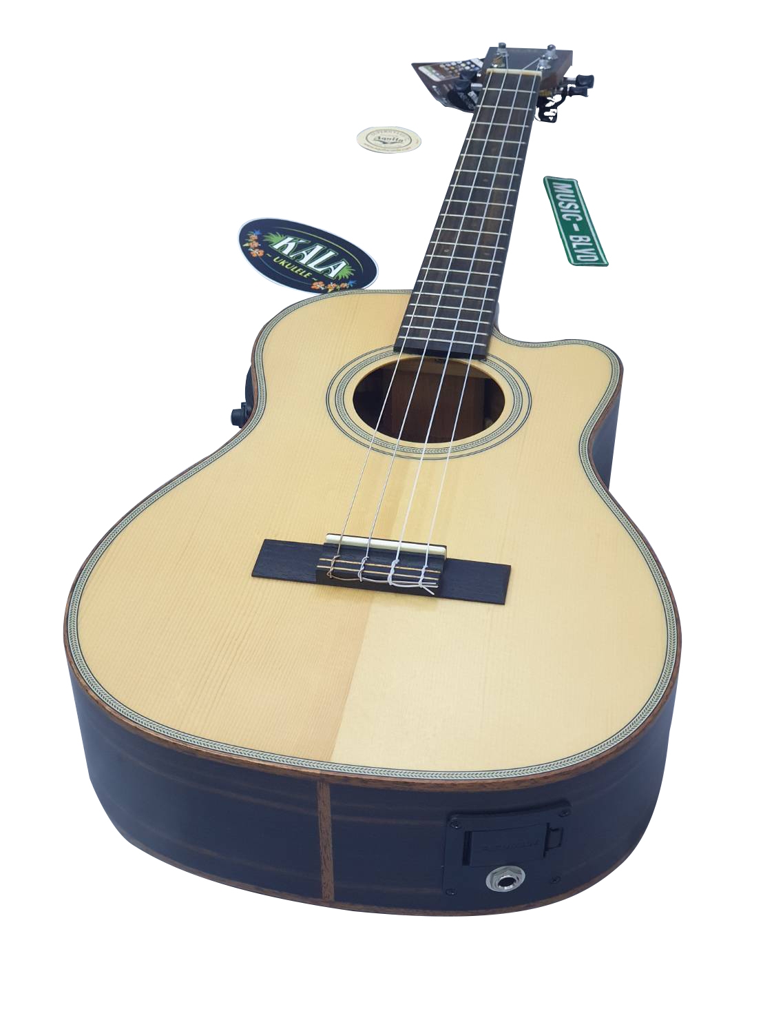 Kala KA-SSEBY-B-CE Solid Spruce Top Striped Ebony Baritone Ukulele Cutaway wEQ Eclipse