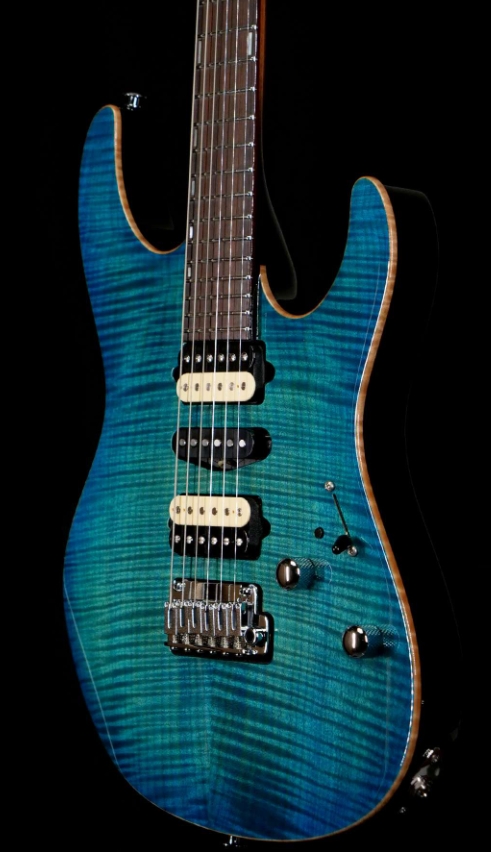 SUHR CUSTOM MODERN SET NECK HSH FLAME MAPLE TOP INDIAN ROSEWOOD FINGERBOARD WITH BLOWER SWITCH BAHAMA BLUE