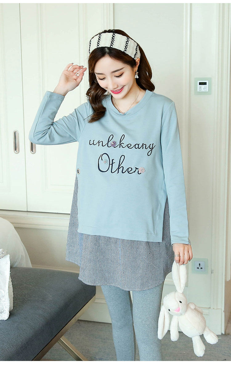 เสื้อยืดคลุมท้องแขนยาวสีเทาอมฟ้า เย็บต่อชายเสื้อลายขาวกรม ผ้าดี งานสวย ใส่บาย น่ารักมากๆค่ะ