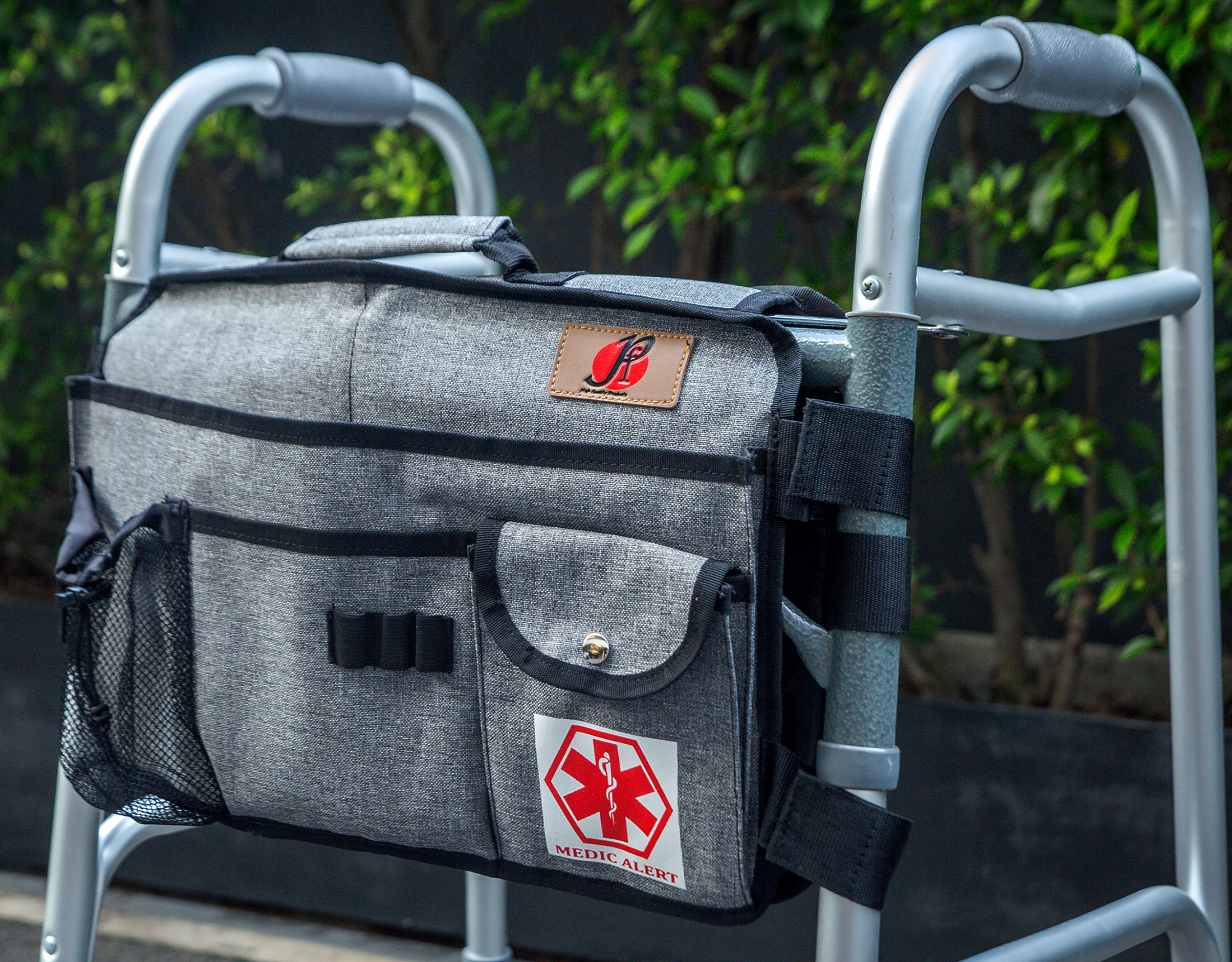 Walker Bag(Double-Sided) with Cup Holder for Walker by P&F | Deluxe Walker Accessories | Attachments Pouch for Rollator or Folding Walker (Gray)