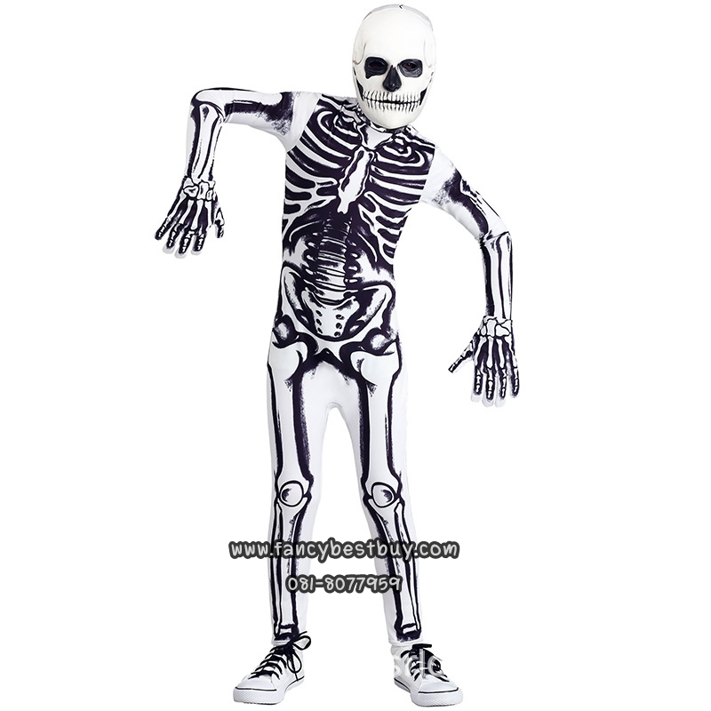 ชุดฮาโลวีน ผีโครงกระดูกพื้นขาว สำหรับวันฮาโลวีน Skeleton มีขนาด L 125-135 (รวมหน้ากากและถุงมือ)