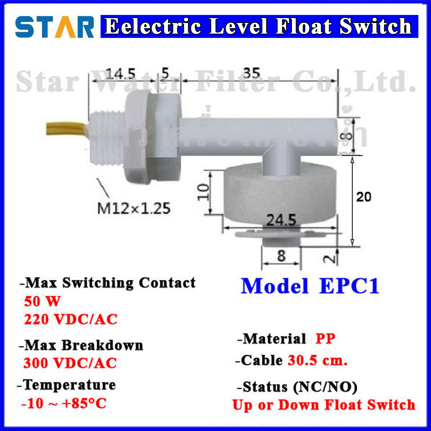 สวิทช์ควบคุมระดับน้ำ Horizontal PP Float Switch (NC/NO) 2 Wire, ลึก 20 mm, เกลียว M12