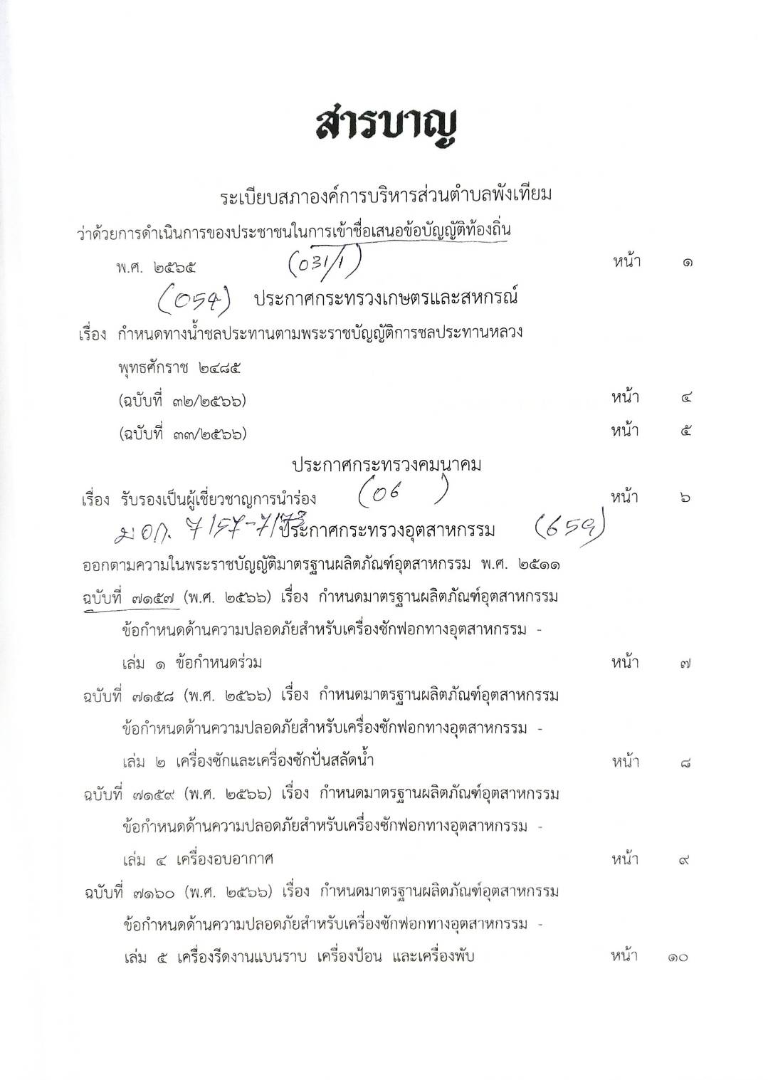 กฎหมายออกใหม่ ตอน 190/66 ระเบียบสภาฯ การเข้าชื่อเสนอข้อบัญญัติ ประกาศกรมทางหลวง ประกาศกระทรวงอุตสาหกรรม ฉ.7157-7173