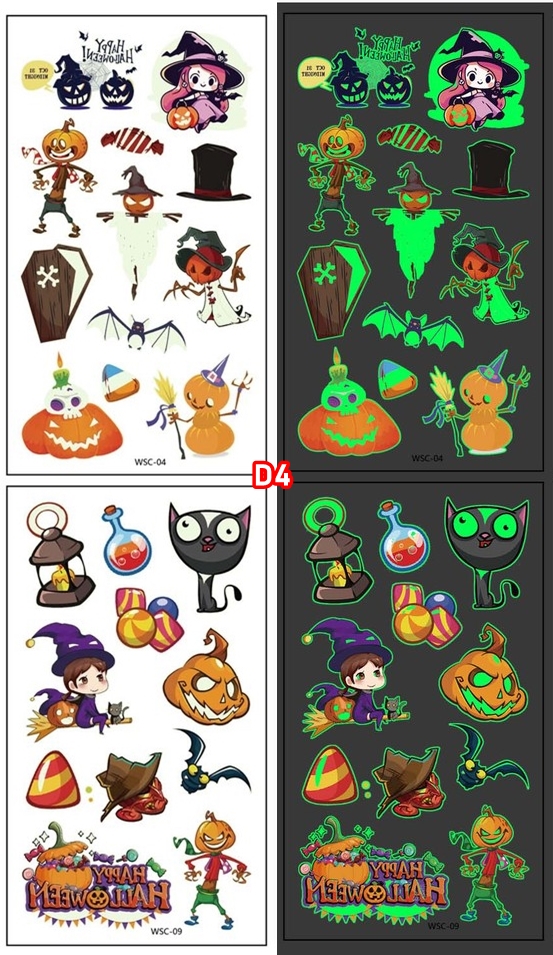 สติกเกอร์ฮาโลวีนรุ่นเรืองแสง GLOWING รอยสักการ์ตูนเด็กใหม่ฮาโลวีน กันน้ำกันเหงื่อ สติกเกอร์รอยสักแบบใช้แล้วทิ้ง แบบ C size 6.8*12 cm.