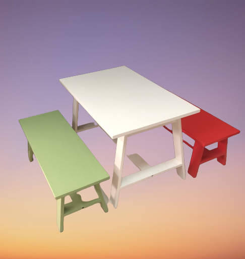 โต๊ะไม้เล็กๆ โต๊ะเขียนหนังสือเด็ก พร้อม 2 ม้านั่ง ขนาดโต๊ะ W 55 x L 90 x H 55 Cms.สีขาว เขียว แดง