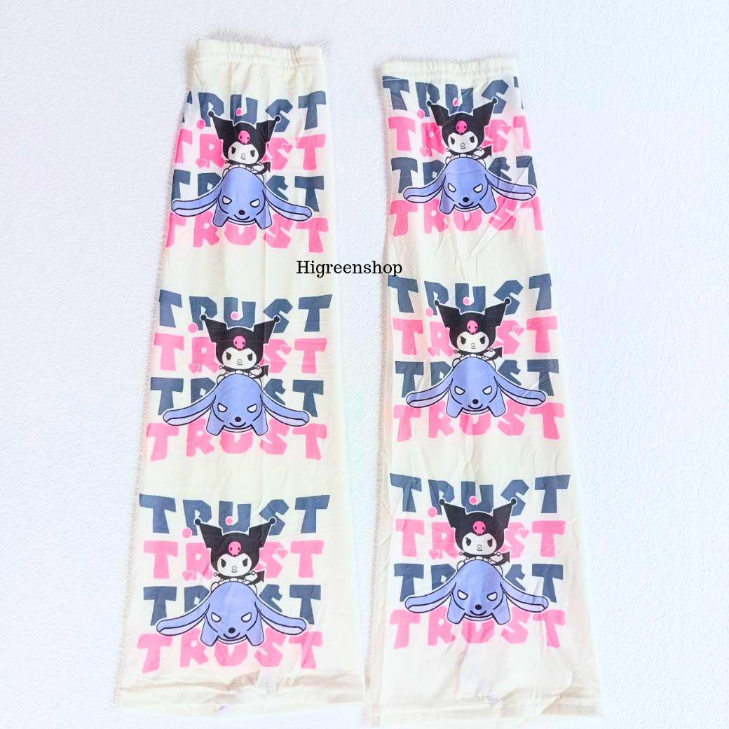 ปลอกแขนผ้าไหมน้ำแข็ง ปลอกแขนกันแดดลายการ์ตูน ป้องกันรังสียูวี แขนจั้ม ปลายบานออก มียางเกี่ยวนิ้ว ยืดหยุ่น ผ้านิ่ม ใส่สบาย