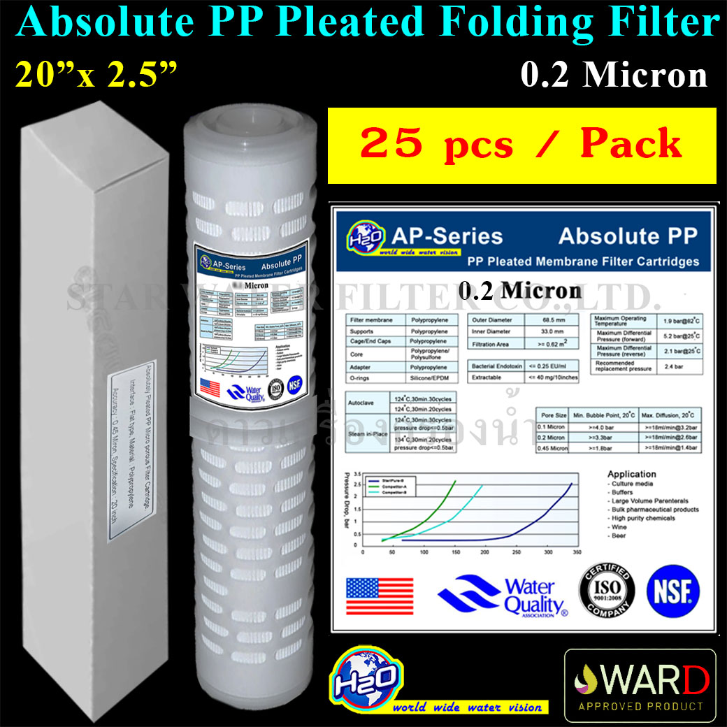 ไส้กรองน้ำ Absolute PP Pleated 20 นิ้ว x 2.5 นิ้ว 0.2 Micron (Sediment) H2O ยกลัง 25 pcs.