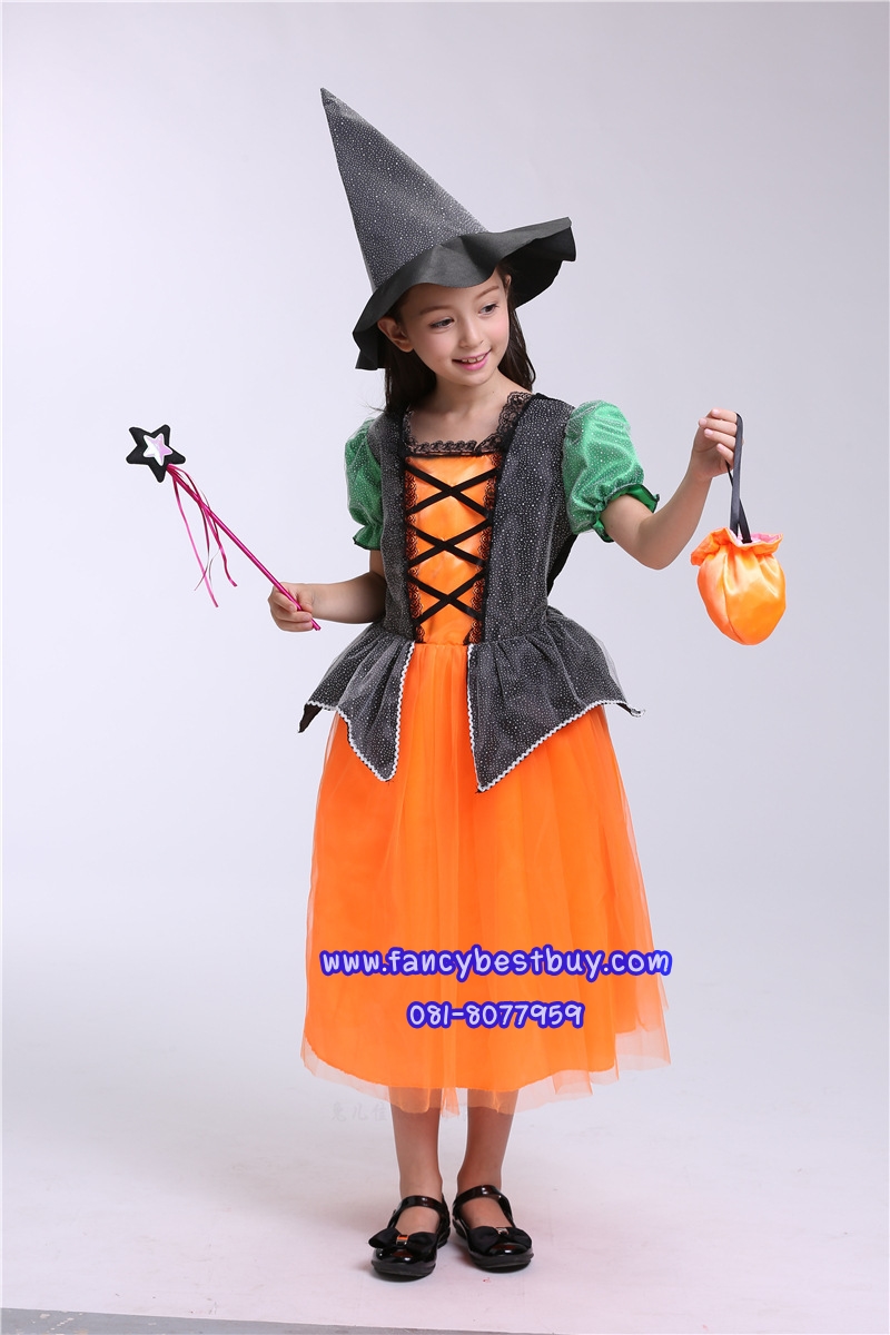ชุดฮาโลวีนเด็ก ชุดแม่มดสีเขียว+ส้ม สำหรับงานแฟนซี วันฮาโลวีน **รวมหมวก+ไม้ดาว+กระเป๋า** มีขนาด 110, 120, 130, 140
