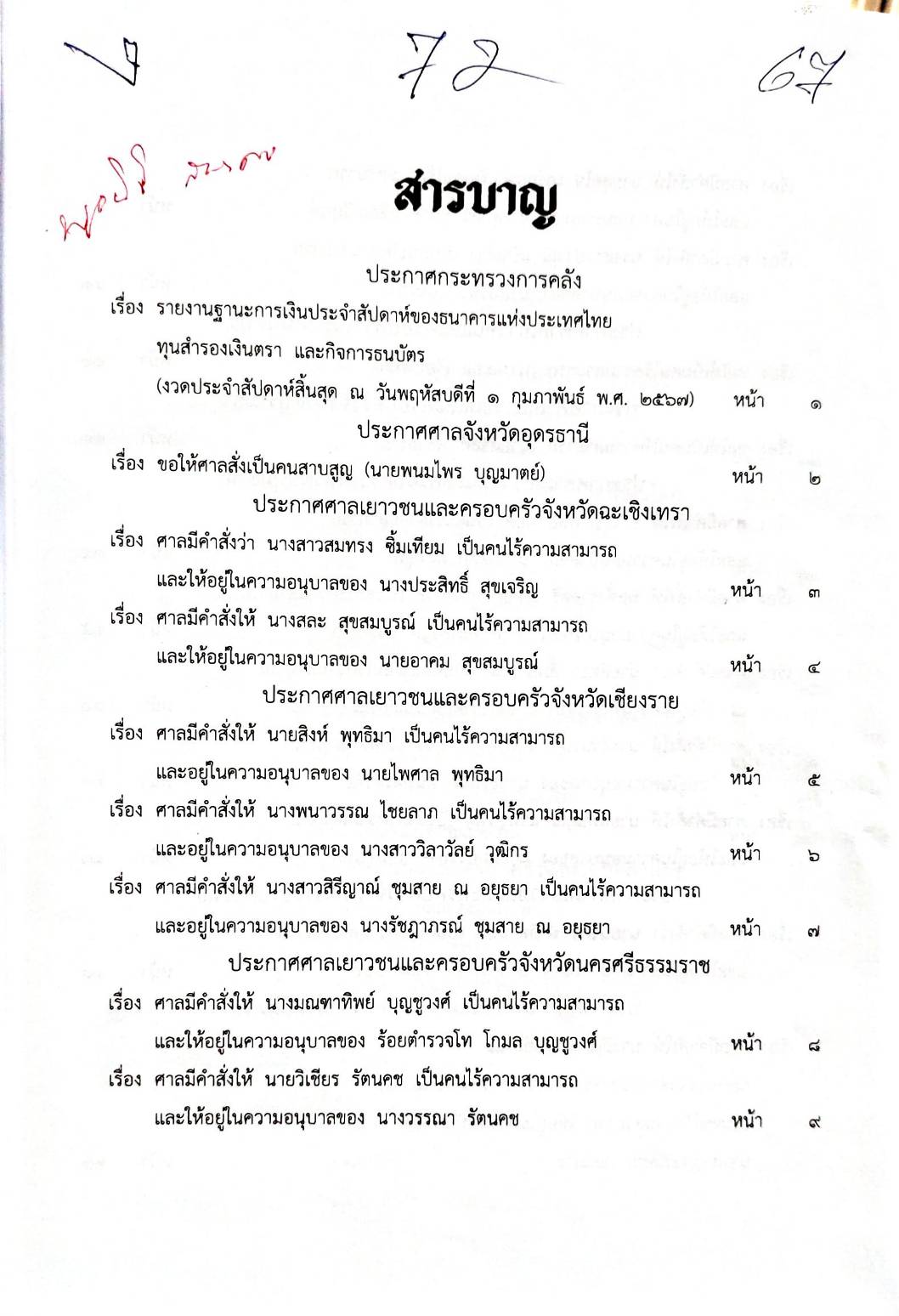 กฎหมายออกใหม่ ตอนที่ 72/67 ประกาศกระทรวงการคลัง ฐานะการเงิน ประกาศศาลเยาวชนและครอบครัวจังหวัด.. สมาคม - มูลนิธิ