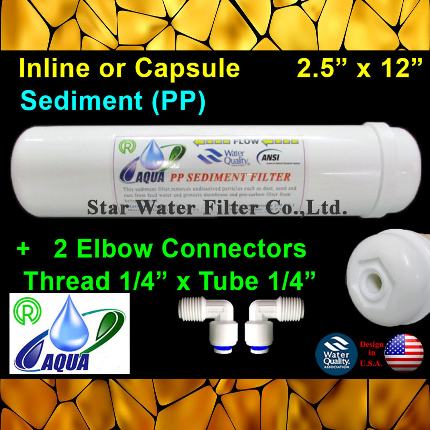 ไส้กรอง Sediment (PP) แคปซูล 12 นิ้ว x 2.5 นิ้ว (หัวเกลียว)+ข้อต่อ Aqua