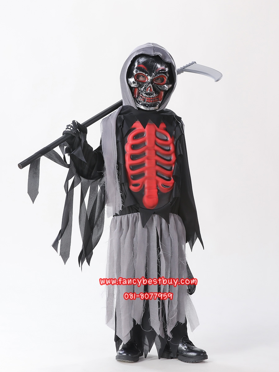 ชุดฮาโลวีน ชุดโครงกระดูก ชุดยมทูต ชุดแฟนซีเด็ก สำหรับวันฮาโลวีน Skeleton มีขนาด 140 (ชุด+หน้ากาก *ไม้เคียวซื้อเพิ่มได้*)