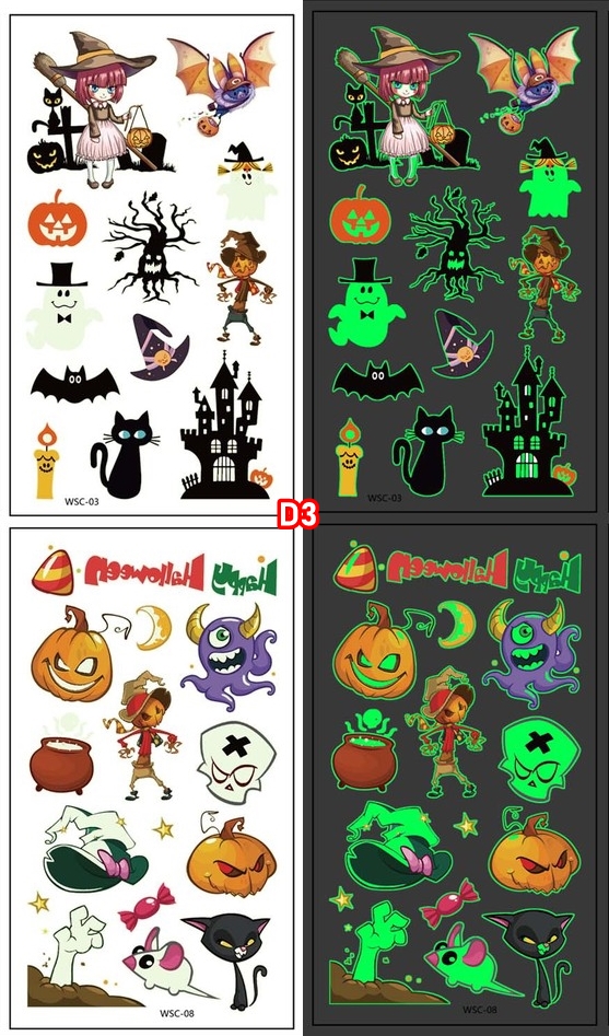 สติกเกอร์ฮาโลวีนรุ่นเรืองแสง GLOWING รอยสักการ์ตูนเด็กใหม่ฮาโลวีน กันน้ำกันเหงื่อ สติกเกอร์รอยสักแบบใช้แล้วทิ้ง แบบ C size 6.8*12 cm.