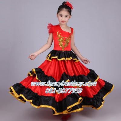 ชุดฟลาเมงโก Flamenco Girl ชุดเต้นรำประจำชาติสเปนเด็ก (กระโปรงเป็นทรงครึ่งวงกลม) ชุดแฟนซีนานาชาติของสเปน ขนาด 110, 120, 130, 140