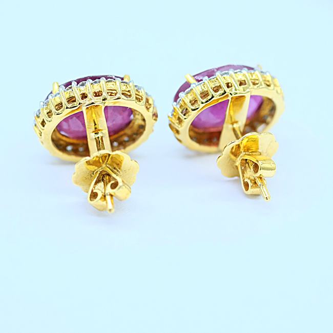 ต่างหูทับทิมล้อมเพชร ตัวเรือนทอง18K ต่างหูหน้าใหญ่