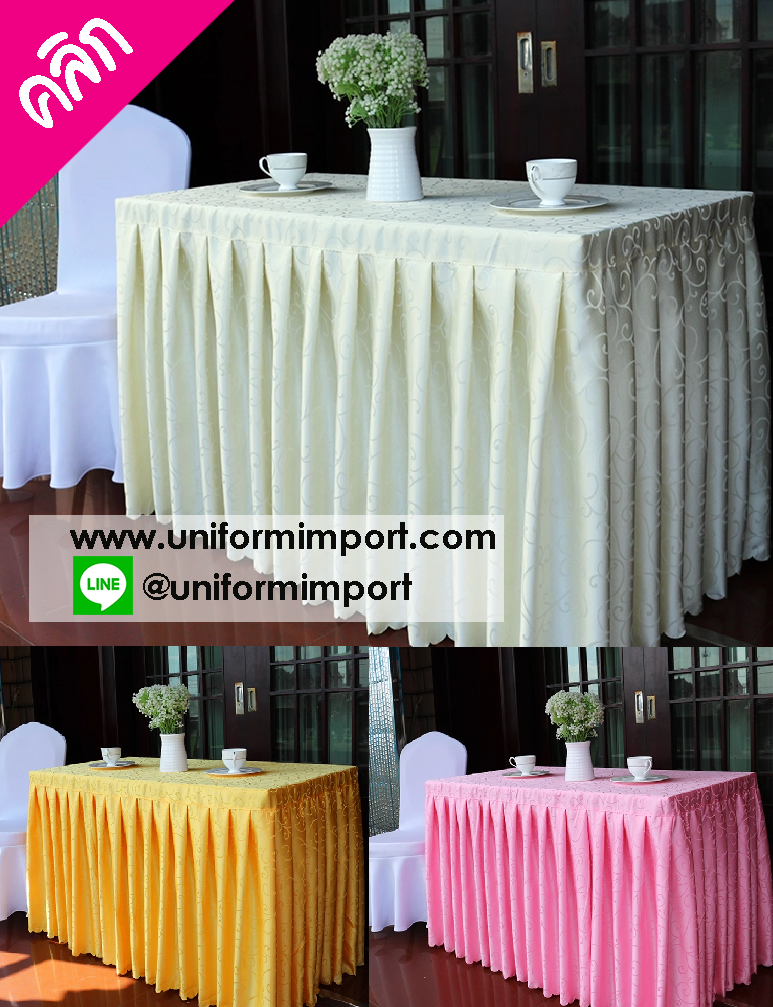 ผู้ปูโต๊ะแบบจีบรอบผ้าซาตินมีลวดลาย ++คลิกดูขนาดด้านใน ผ้าปูโต๊ะสำเร็จรูป ผ้าคลุมโต๊ะสำเร็จรูป ผ้าปูโต๊ะแบบจีบรอบ ผ้าคลุมโต๊ะ ผ้าปูโต๊ะรีสอร์ท