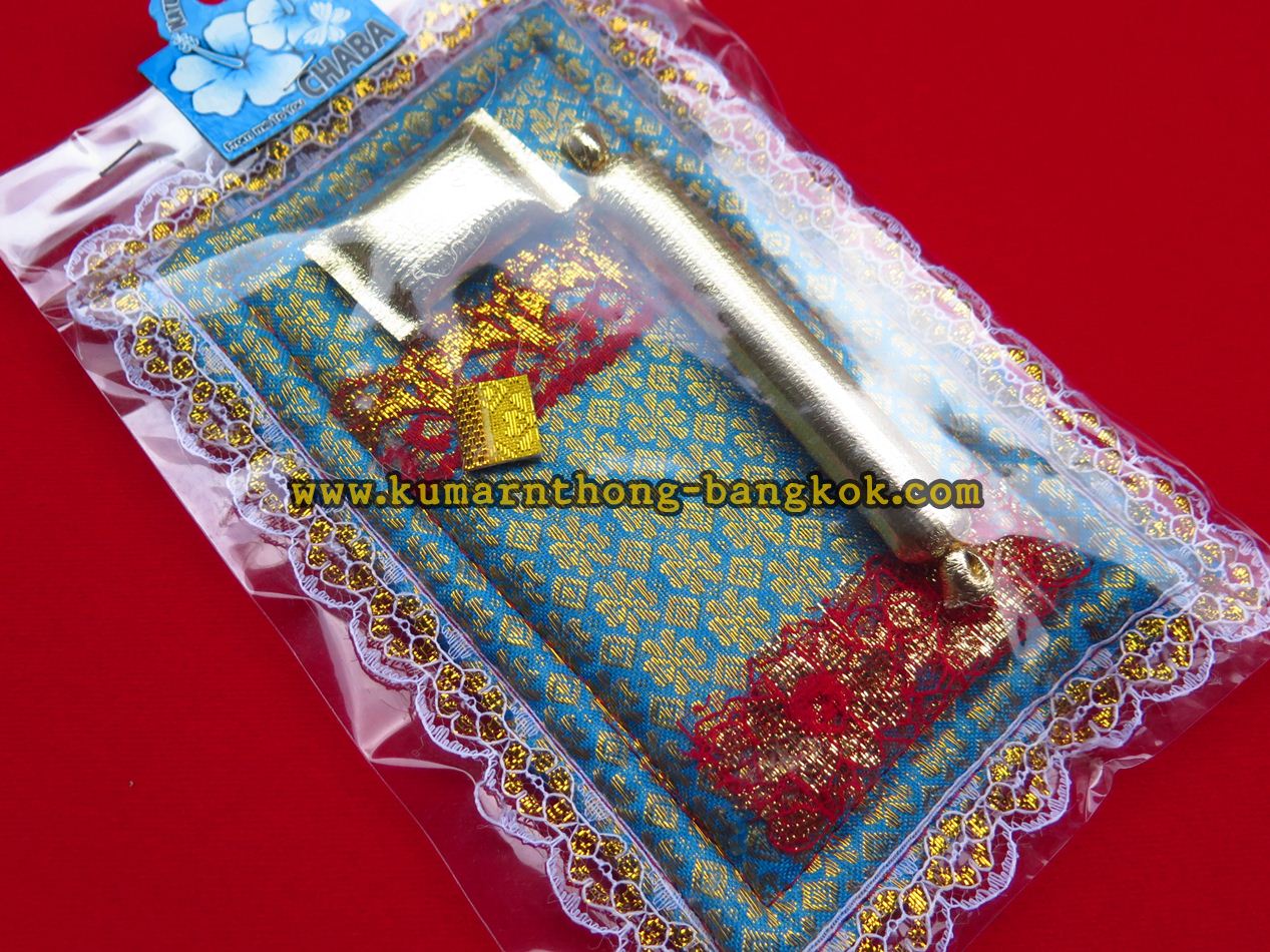 ชุดที่นอนหมอน แบบถวาย กุมารทอง กุมารี สีฟ้า ขนาด กว้าง 4.5นิ้ว สูง 6.5นิ้ว (สำหรับถวาย แก้บน ตกแต่งหิ้งบูชา)