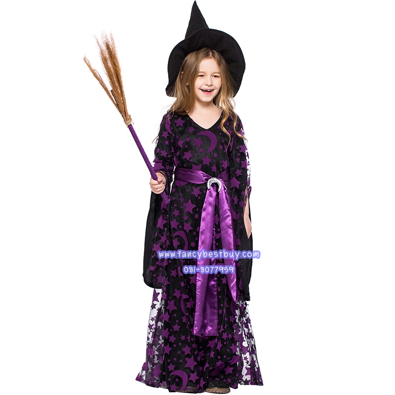 ชุดฮาโลวีนเด็ก ชุดแม่มด สีม่วง สำหรับงานแฟนซี วันฮาโลวีน มีขนาด XS95-110, S 110-125