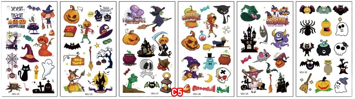 สติกเกอร์ฮาโลวีน รอยสักการ์ตูนเด็กใหม่ฮาโลวีน กันน้ำกันเหงื่อ สติกเกอร์รอยสักแบบใช้แล้วทิ้ง แบบ C size 5.7*9.7 cm.