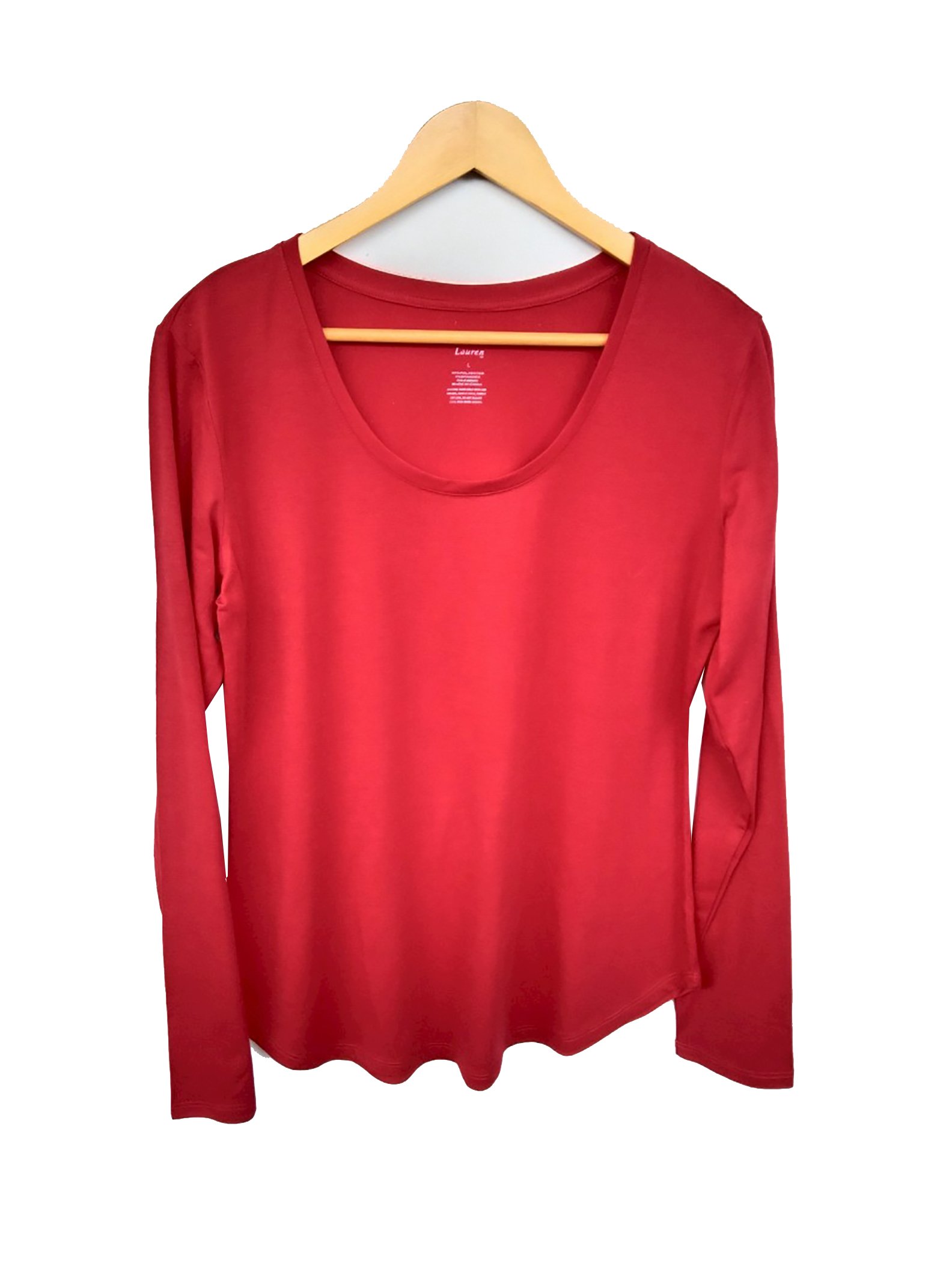 เสื้อมือสอง คอกลม ผ้ายืดสีแดง แขนยาว อก 38-40 นิ้ว