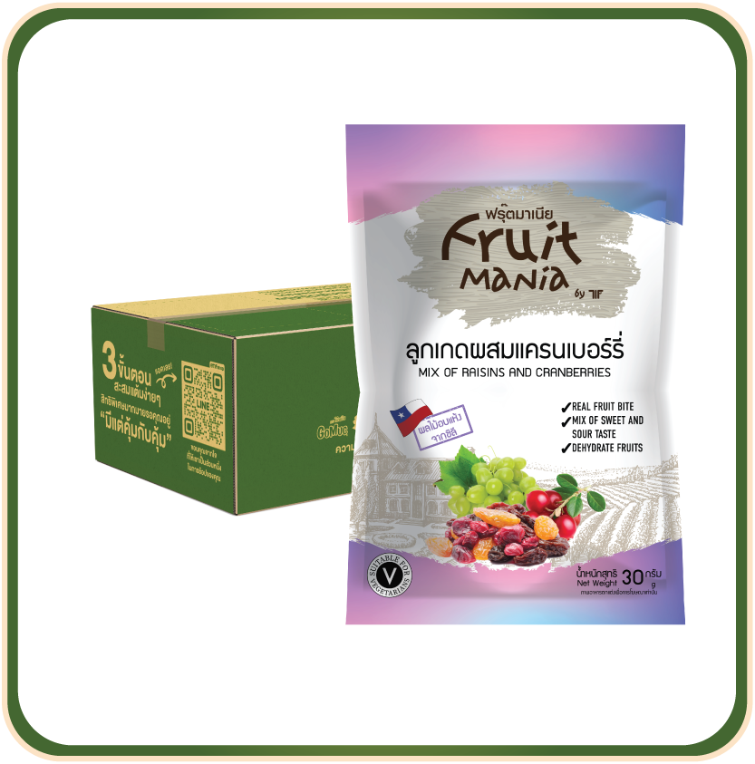 [ขายยกลัง 24 ซอง] FruitMania ฟรุ๊ตมาเนีย ลูกเกดผสมแครนเบอร์รี่ 30 กรัม Mix of Raisins And Cranberries