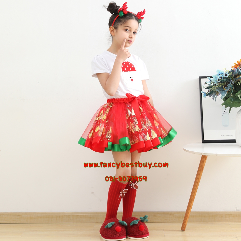 ชุดคริสมาสเด็ก กระโปรงคริสมาส สีแดง และ สีเขียว + ที่ประดับหัว (ไม่รวมเสื้อ) สำหรับ Christmas Costume สำหรับ เทศกาลวันคริสมาส