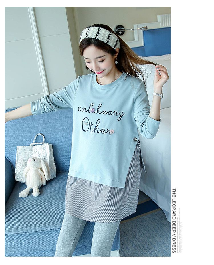 เสื้อยืดคลุมท้องแขนยาวสีเทาอมฟ้า เย็บต่อชายเสื้อลายขาวกรม ผ้าดี งานสวย ใส่บาย น่ารักมากๆค่ะ