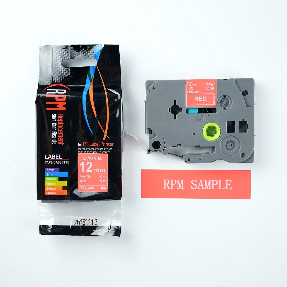 เทปพิมพ์อักษร RPM TZA-435 12 มม. ขาวพื้นแดง