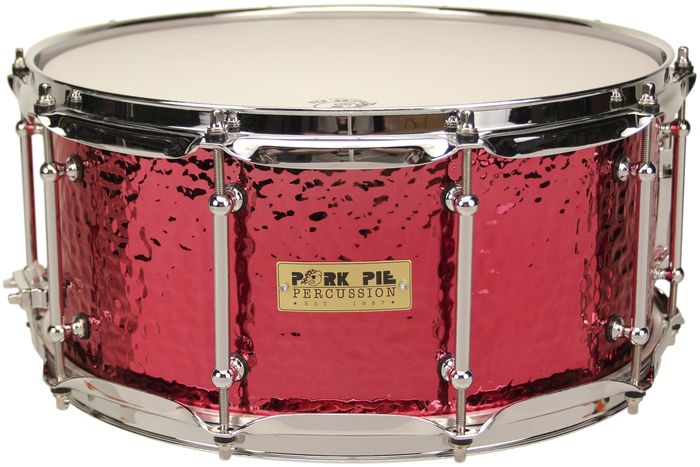 Pork Pie Hammered Brass Snare with Tube Lugs Red Chrome 7X14
