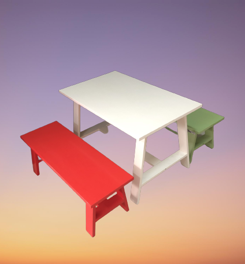 โต๊ะไม้เล็กๆ โต๊ะเขียนหนังสือเด็ก พร้อม 2 ม้านั่ง ขนาดโต๊ะ W 55 x L 90 x H 55 Cms.สีขาว เขียว แดง