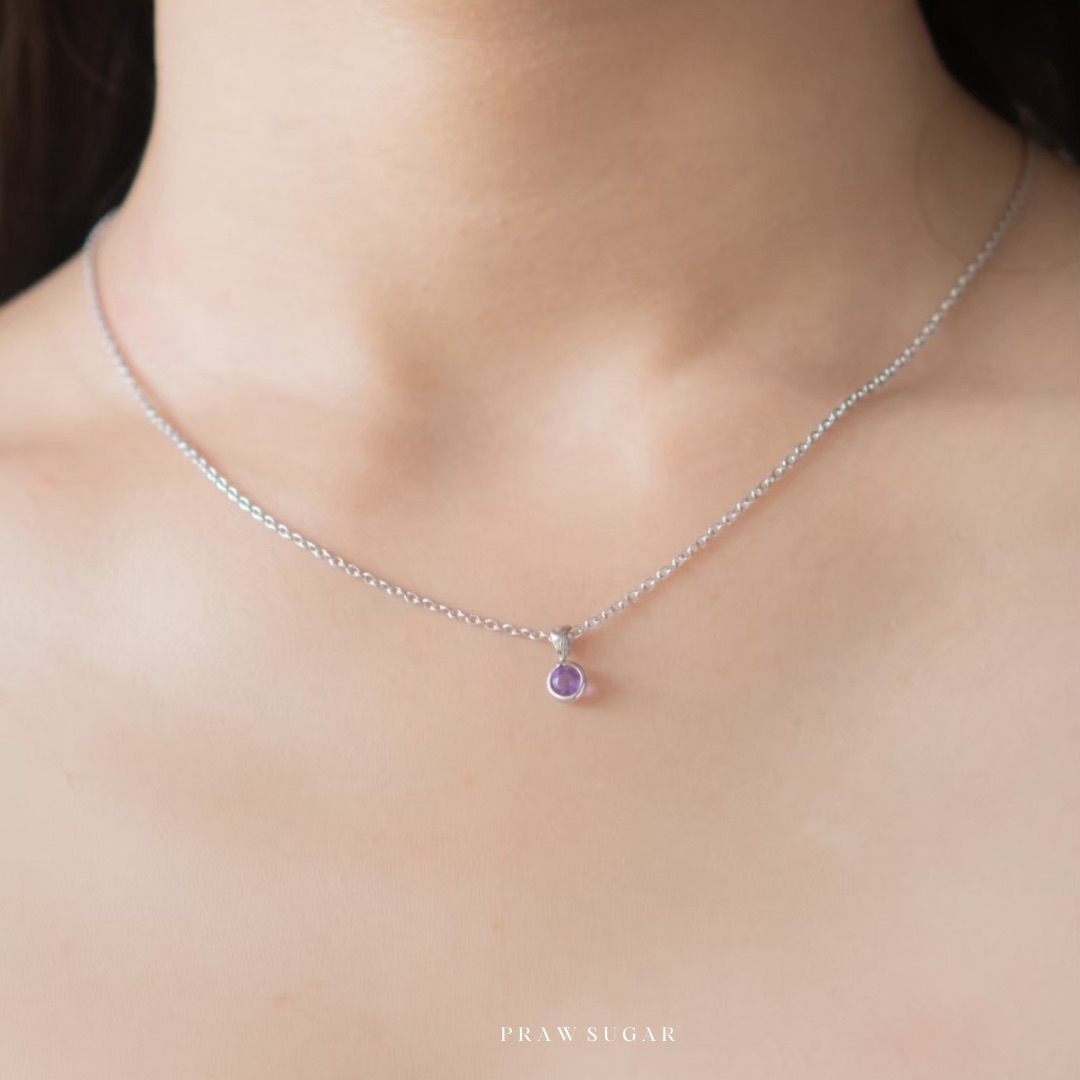 Amethyst Round Gem Stone Necklace 3mm - สร้อยคอพลอยแท้อเมทิสจี้ทรงกลม ขนาด 3mm (มี 2 สี) (สร้อยเป็นเงินแท้)