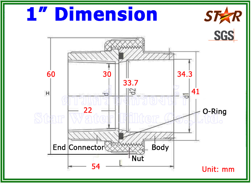 ข้อต่อท่อ ยูเนี่ยน พีวีซี PVC Tube union 1" (ID:34 mm) (Star) (มาตรฐานท่อประปาฟ้า) Pack 10 pcs.