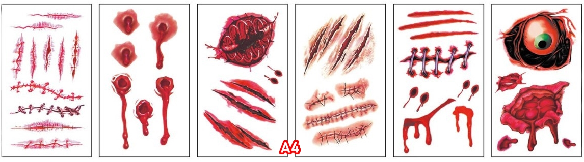 สติกเกอร์ฮาโลวีน รอยแผลฮาโลวีน กันน้ำกันเหงื่อ สติกเกอร์รอยสักแบบใช้แล้วทิ้ง แบบ A size 5.7*9.7 cm.