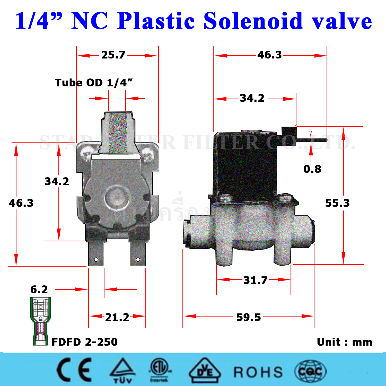 Solenoid Valve Plastic 1/4"(2 หุน) 24 VDC (NC) Quick Connect ขั้วเสียบสาย